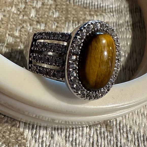 ESPO 925 Sterling Silver CZ Tiger Eye ring - size 7 - Picture 5 of 11